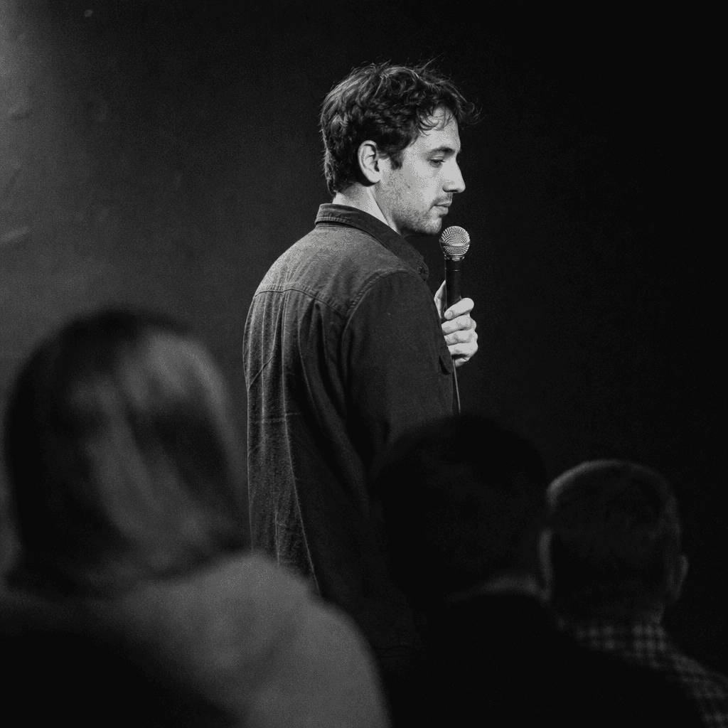 A comedian mid-set, photographed from the side of the room